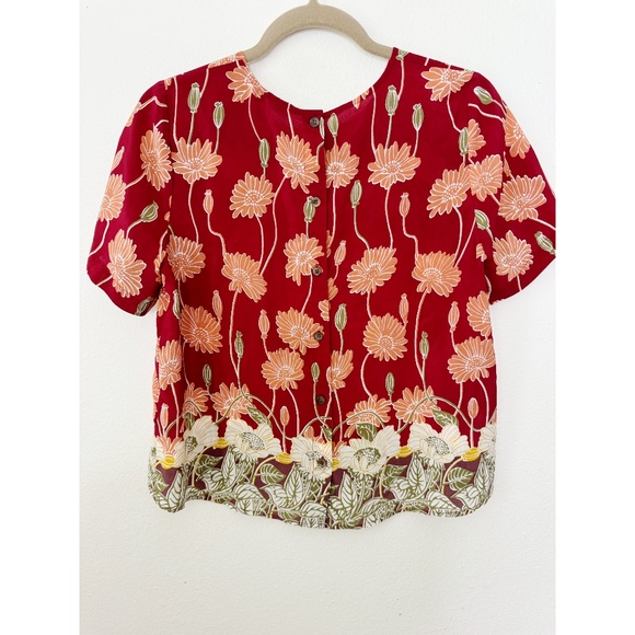 Madewell Silk Red Button Back Pocket Top Blouse  in Tall Sunflowers S - Picture 3 of 6